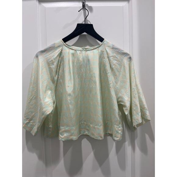 Apiece Apart Roberta Crop Top Short Sleeve Mint Green Grid Blouse Sz 4 - Picture 3 of 8